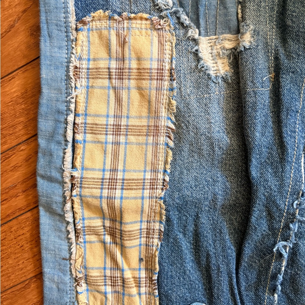 Free People Blue Distressed Patchwork Jeans with Plaid Accents - Picture 4 of 9